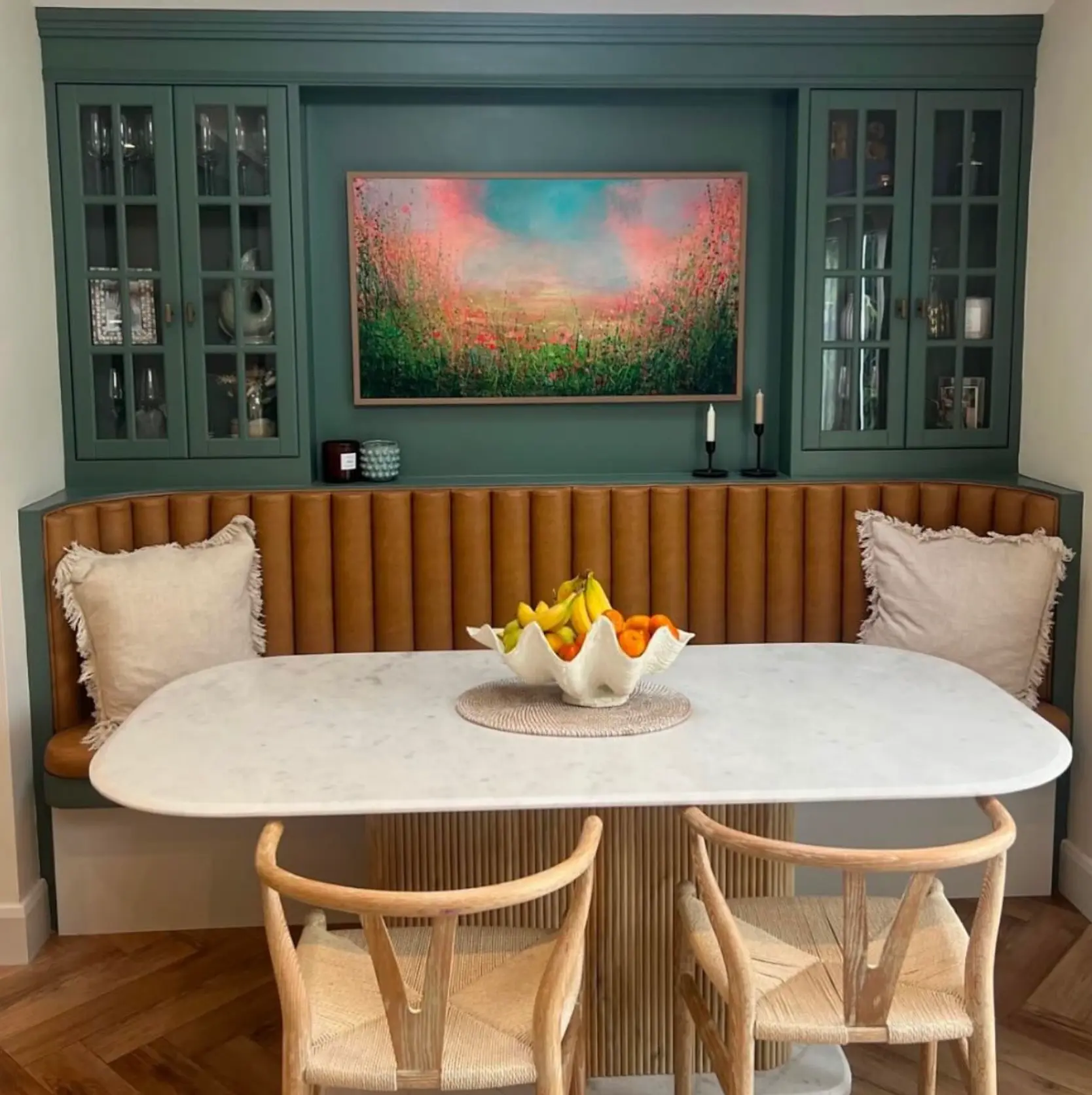 Dining room with built-in cabinetry hand-painted in deep green, Teddington